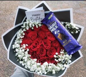 Red Roses Bouquet with Baby’s Breath, Chocolate & Birthday Card